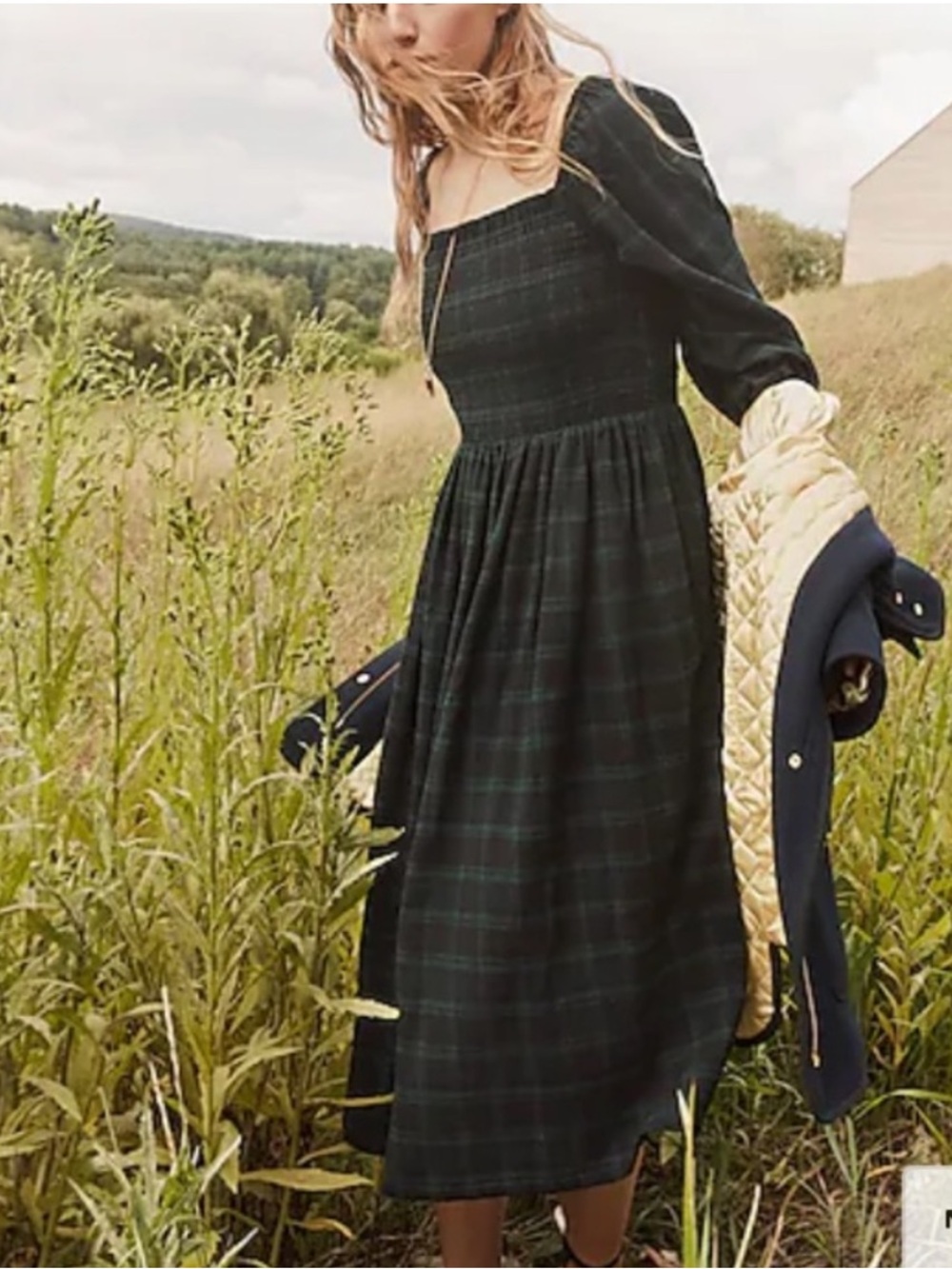 J.Crew Smocked Puff-sleeve Dress in Black Watch Tartan Flannel XS